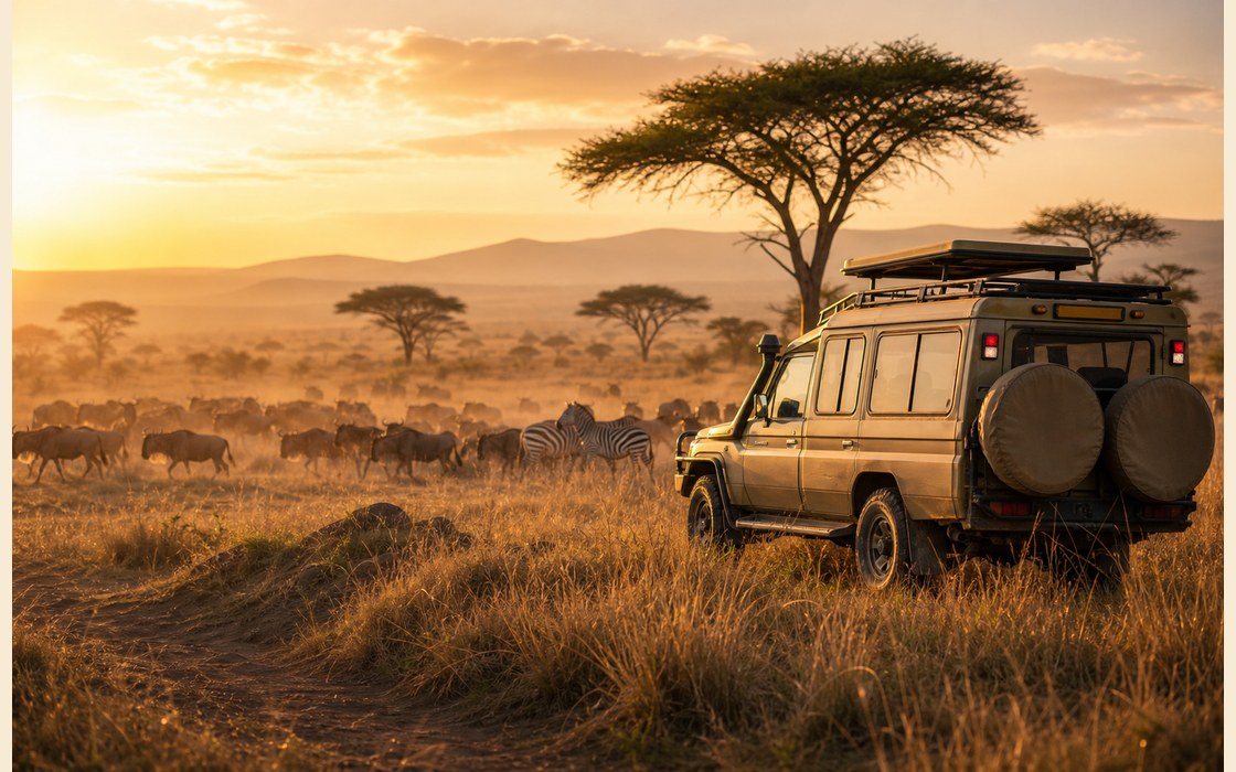 Safari vehicle overlooking wildebeest and zebras in the golden Masai Mara