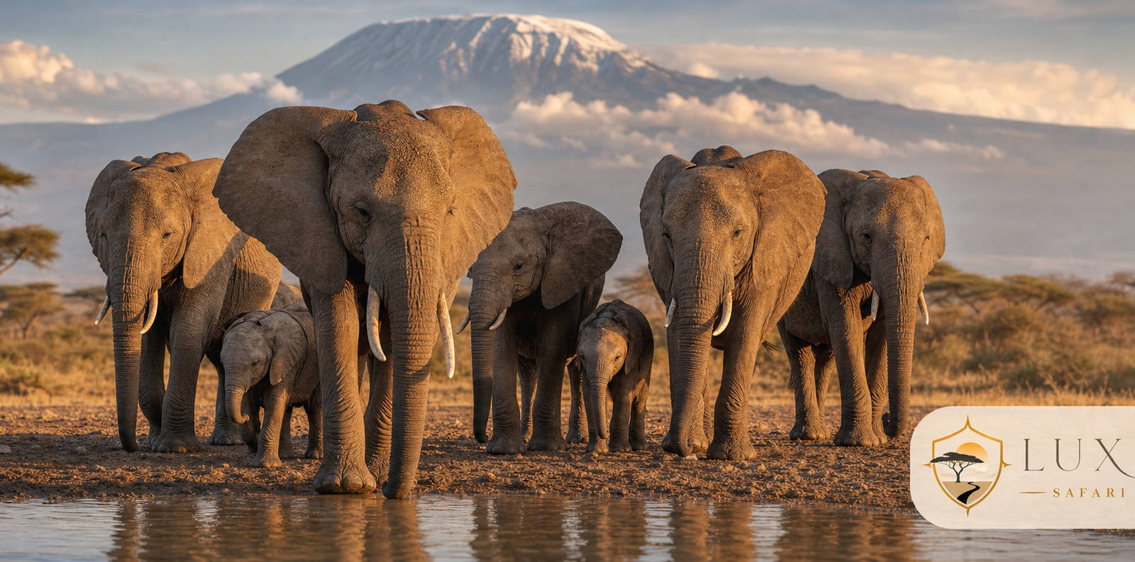 Elephant family at an Amboseli waterhole with the Luxury Safari Tours logo