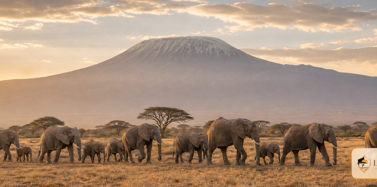 Amboseli elephant herd below Kilimanjaro with the Luxury Safari Tours logo