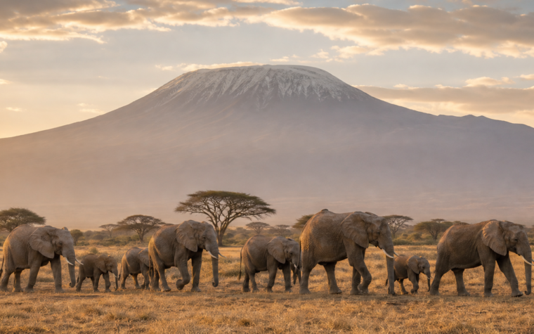 Amboseli elephant herd below Kilimanjaro with the Luxury Safari Tours logo
