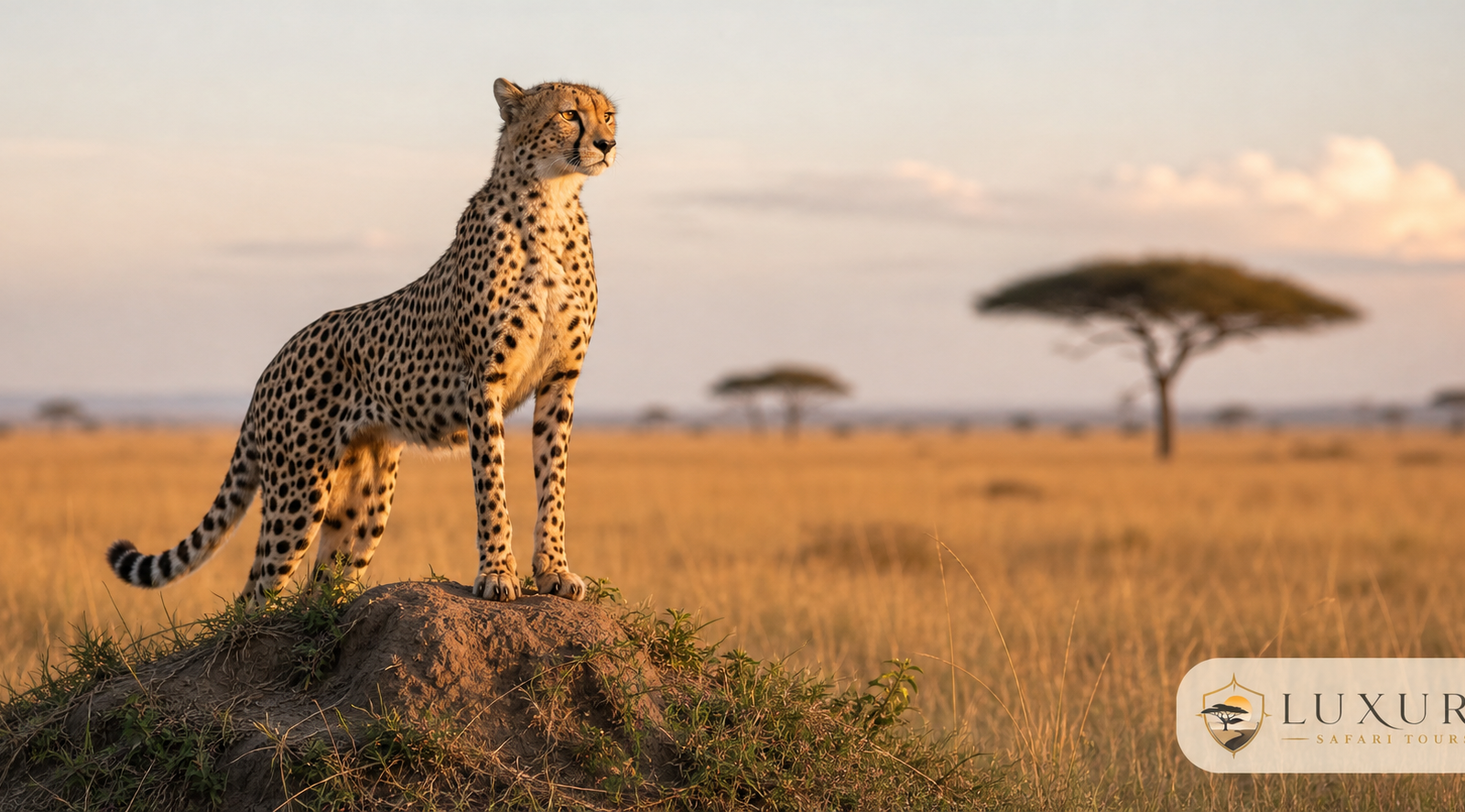 Cheetah in Masai Mara grassland with the Luxury Safari Tours logo