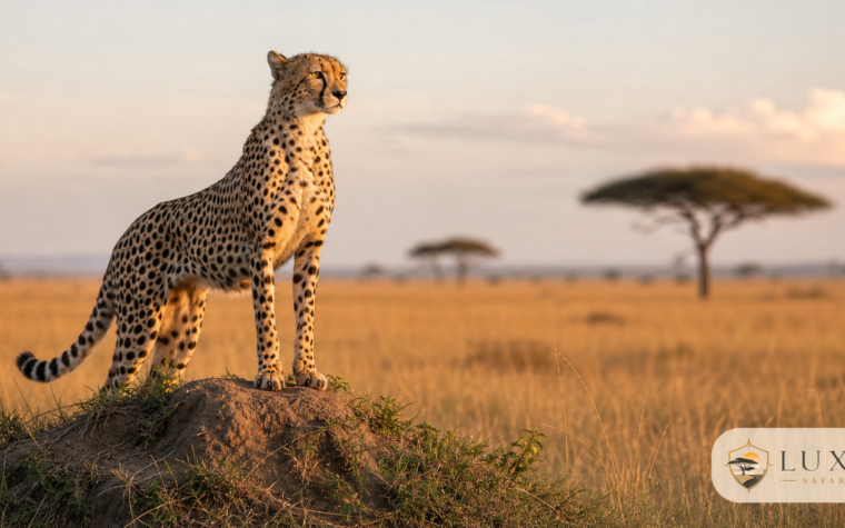 Cheetah in Masai Mara grassland with the Luxury Safari Tours logo