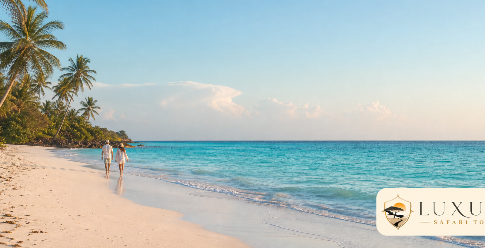 Travelers walking on Diani Beach with the Luxury Safari Tours logo