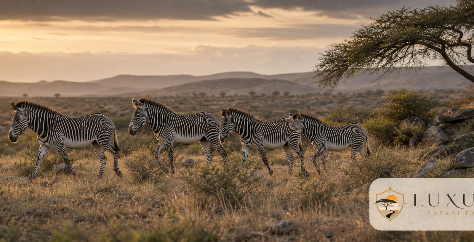 Grevy zebras in Laikipia with the Luxury Safari Tours logo