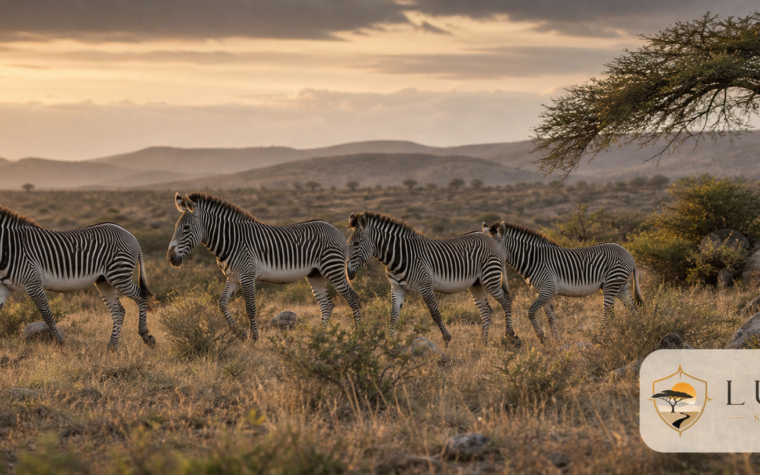 Grevy zebras in Laikipia with the Luxury Safari Tours logo
