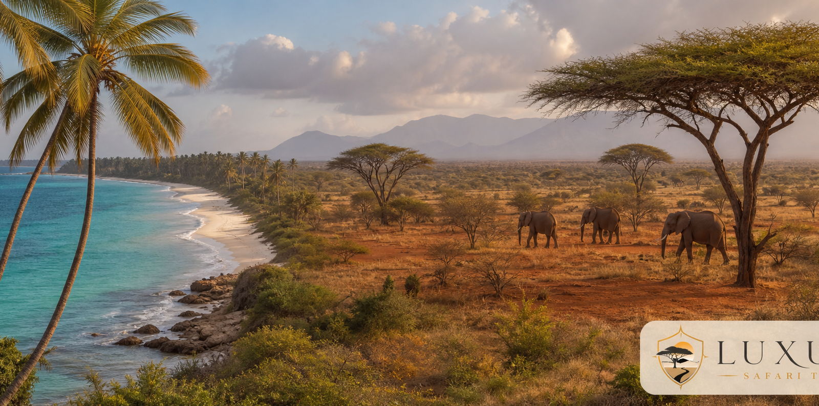 Kenya coast transitioning into Tsavo savannah with the Luxury Safari Tours logo