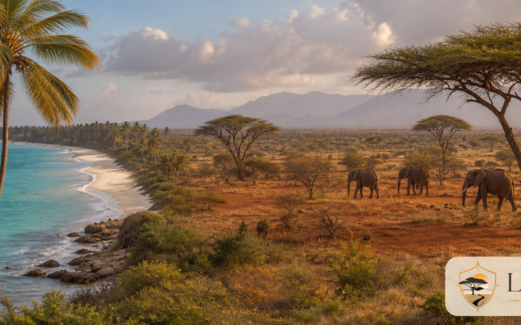 Kenya coast transitioning into Tsavo savannah with the Luxury Safari Tours logo