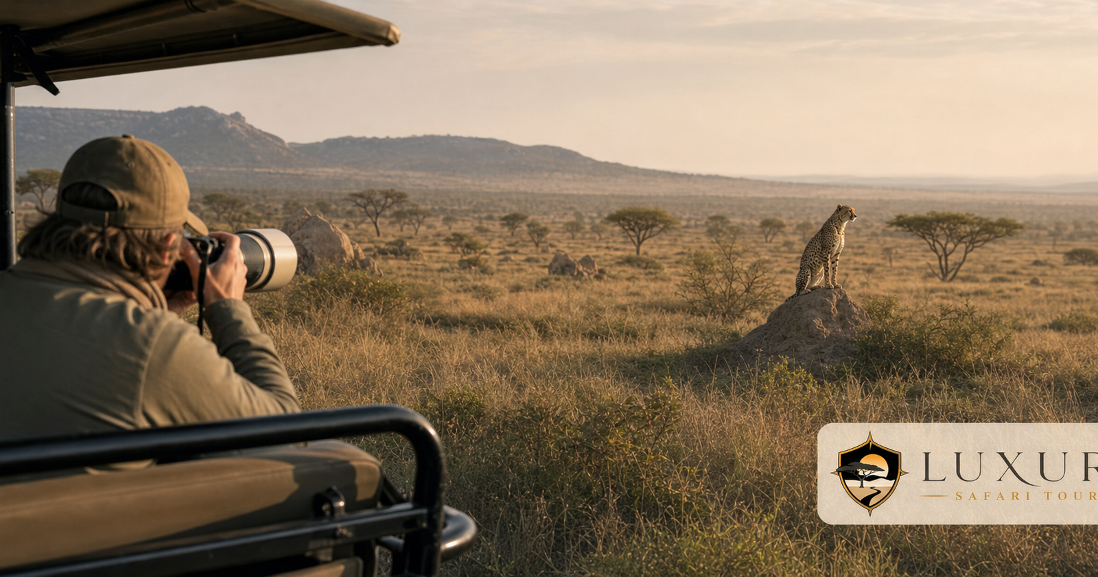 Photographer using a telephoto lens from a safari vehicle with the Luxury Safari Tours logo