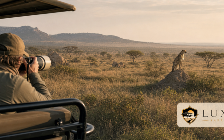 Photographer using a telephoto lens from a safari vehicle with the Luxury Safari Tours logo