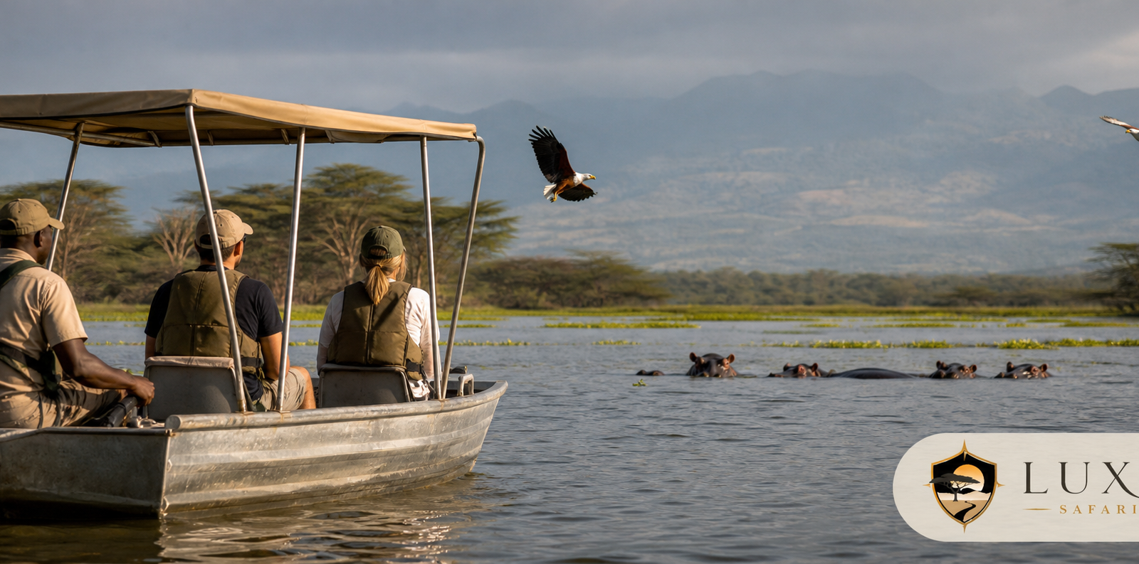 Boat safari on Lake Naivasha with the Luxury Safari Tours logo