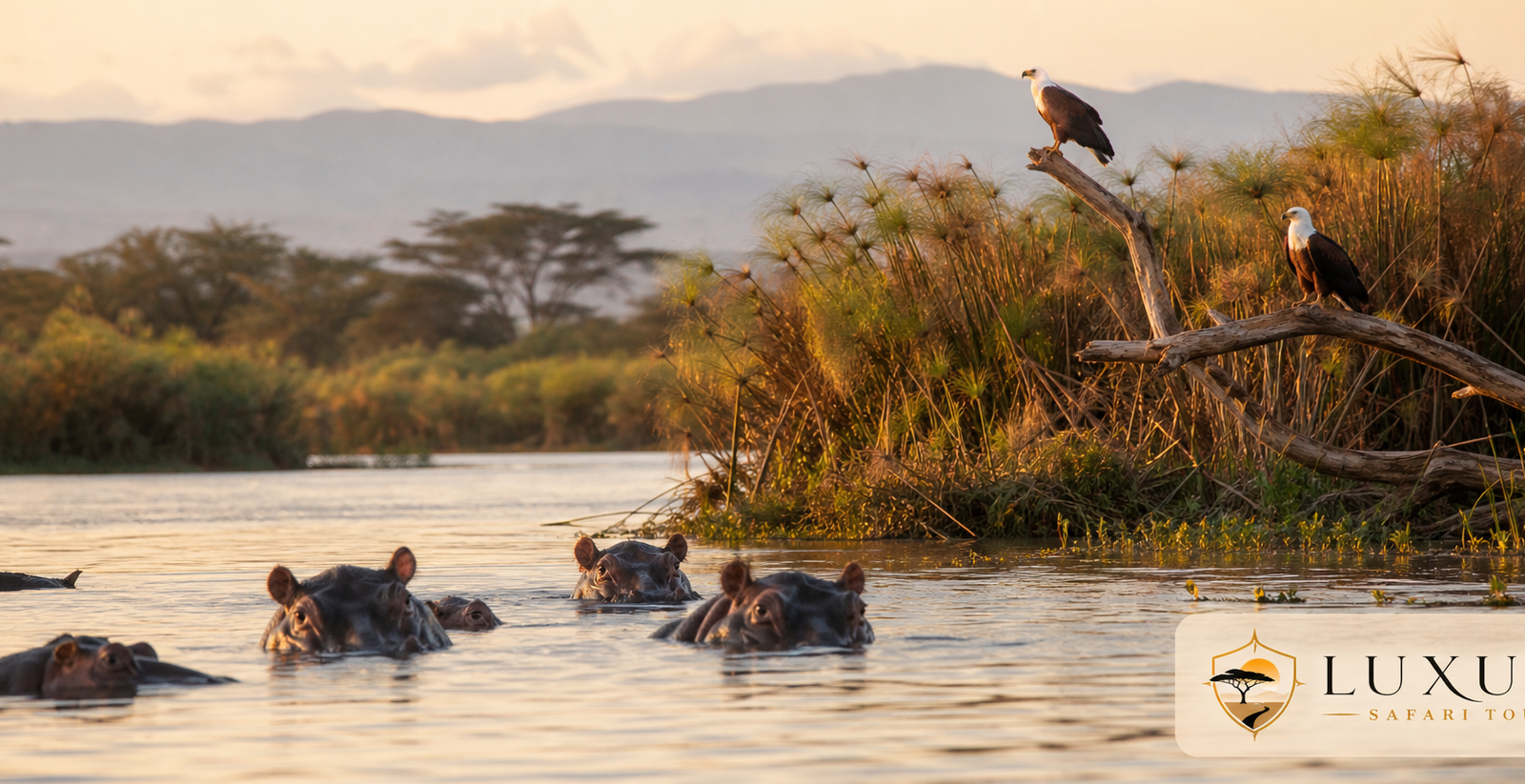 Hippos and fish eagles at Lake Naivasha with the Luxury Safari Tours logo