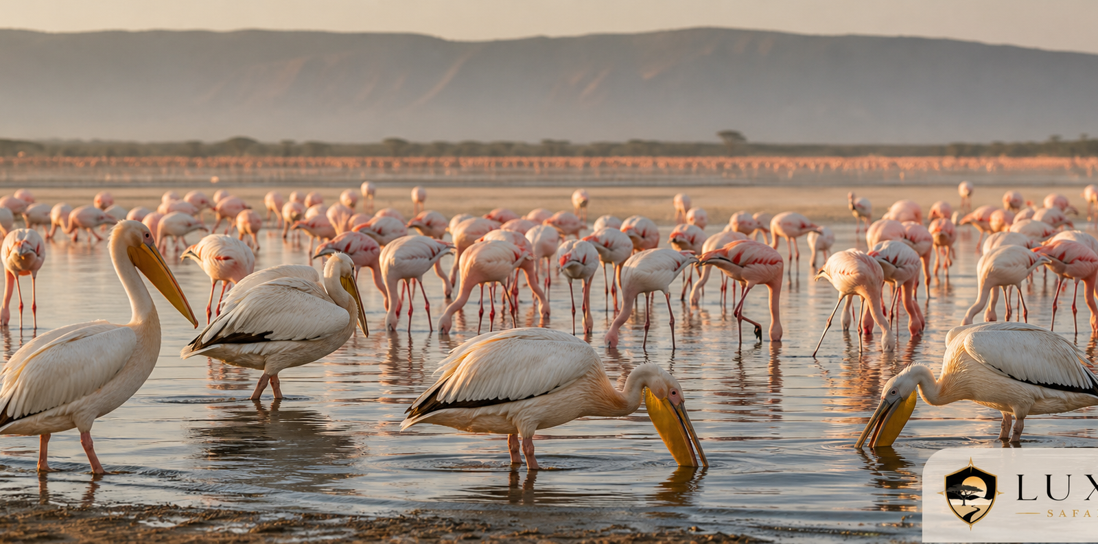 Flamingos and pelicans at Lake Nakuru with the Luxury Safari Tours logo