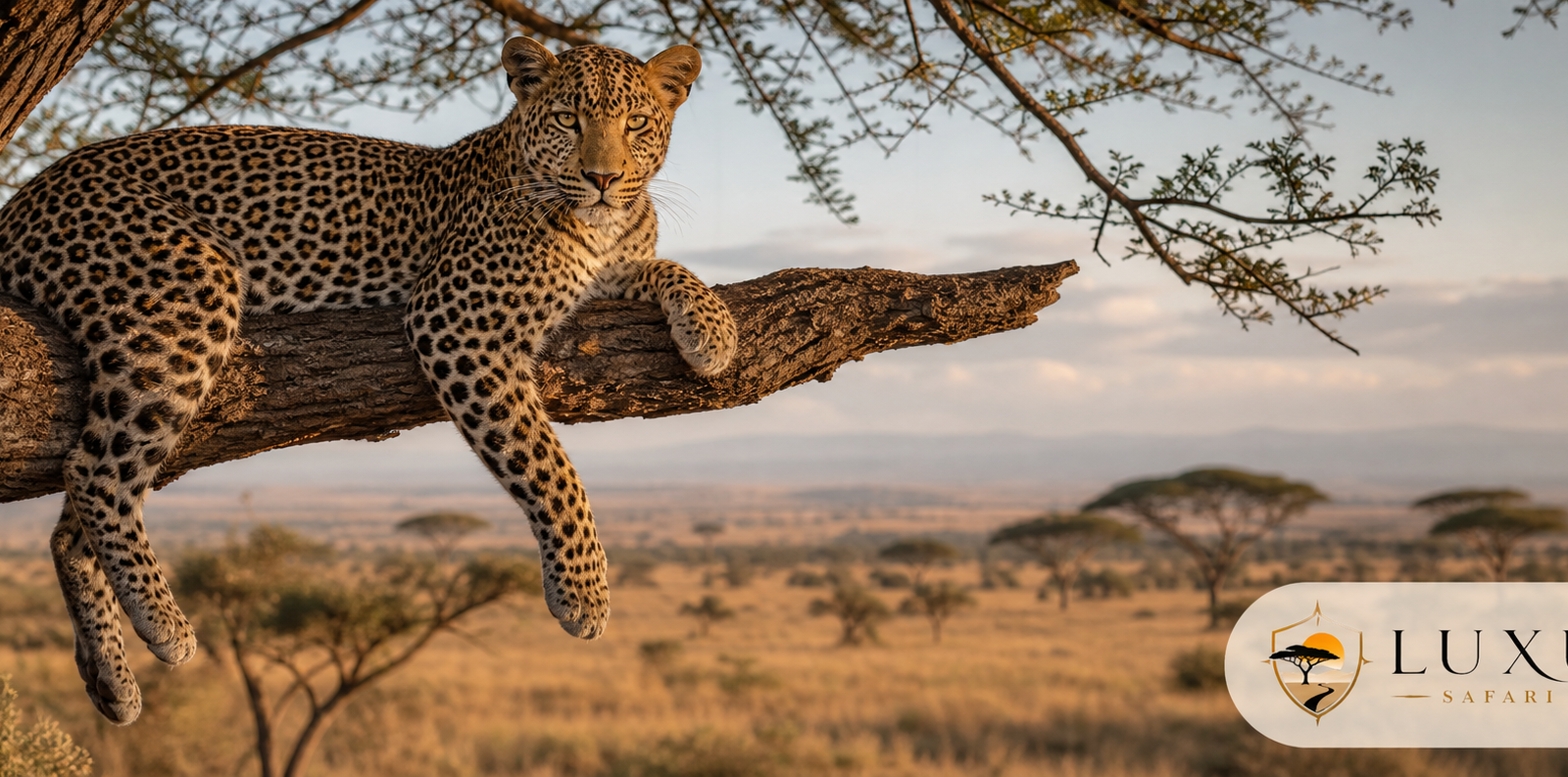 Leopard resting in an acacia tree with the Luxury Safari Tours logo