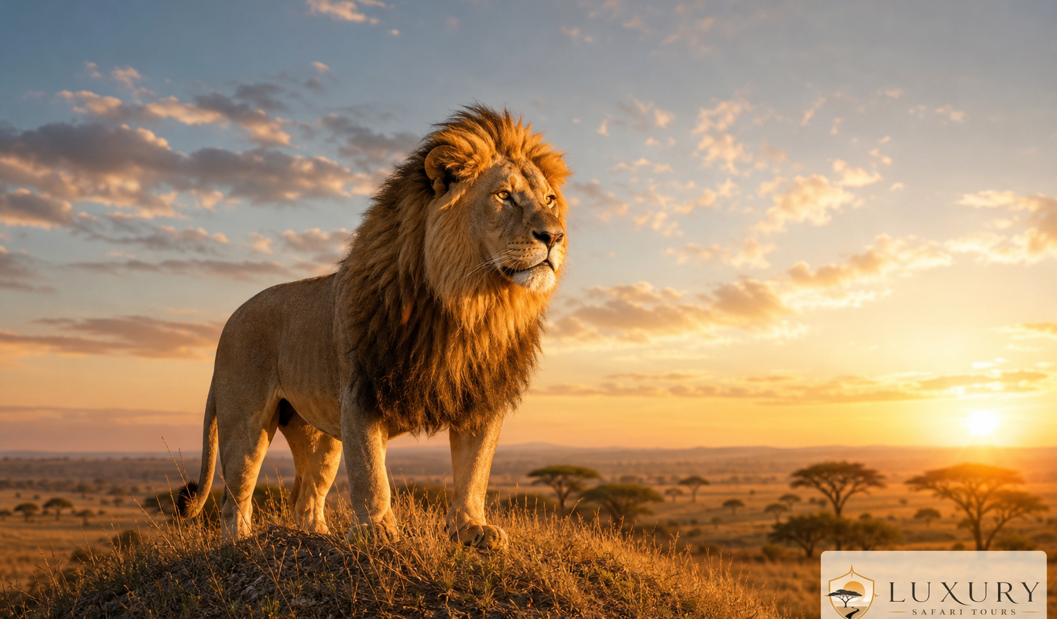 Lion at sunrise in the Masai Mara with the Luxury Safari Tours logo