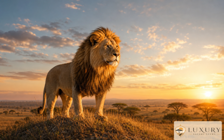 Lion at sunrise in the Masai Mara with the Luxury Safari Tours logo