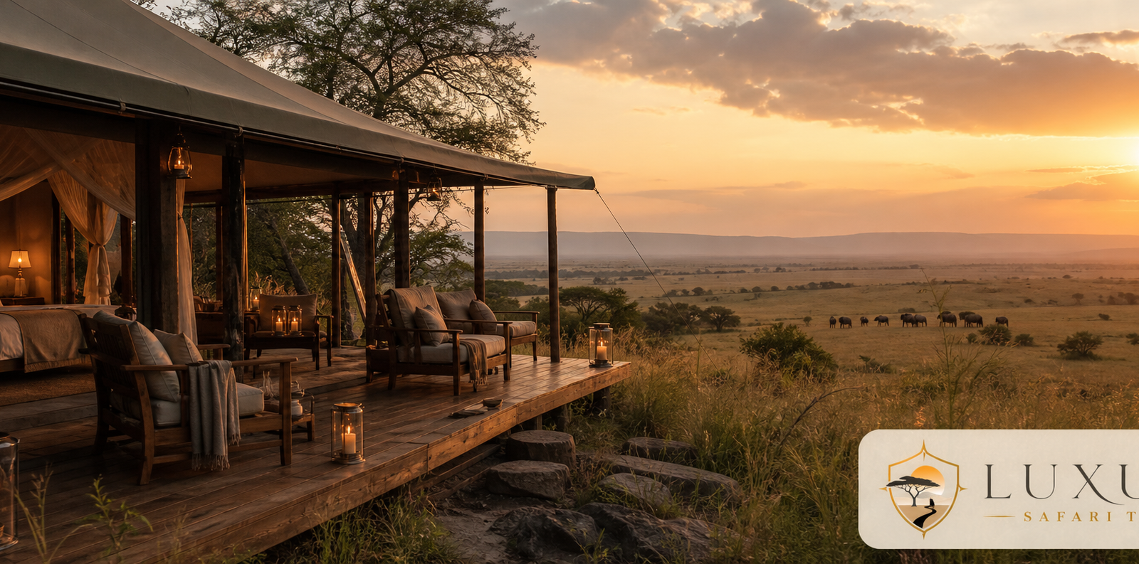 Luxury tented camp overlooking the Masai Mara with the Luxury Safari Tours logo