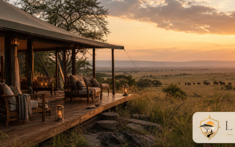 Luxury tented camp overlooking the Masai Mara with the Luxury Safari Tours logo