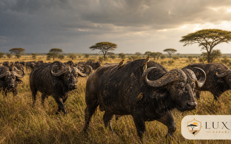 African buffalo herd in the Masai Mara with the Luxury Safari Tours logo