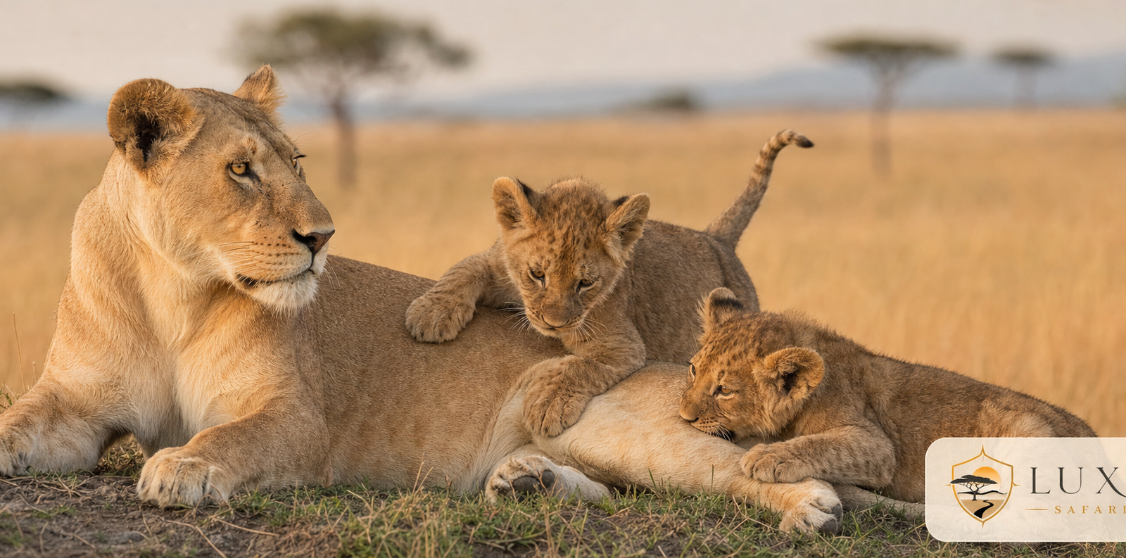 Lioness and cubs in the Masai Mara with the Luxury Safari Tours logo