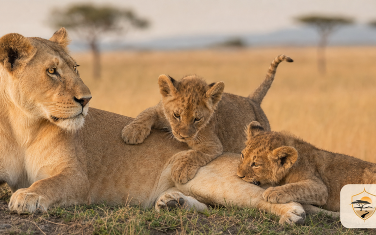 Lioness and cubs in the Masai Mara with the Luxury Safari Tours logo