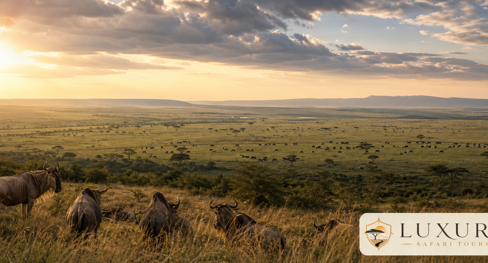 Panoramic Mara Serengeti ecosystem with the Luxury Safari Tours logo