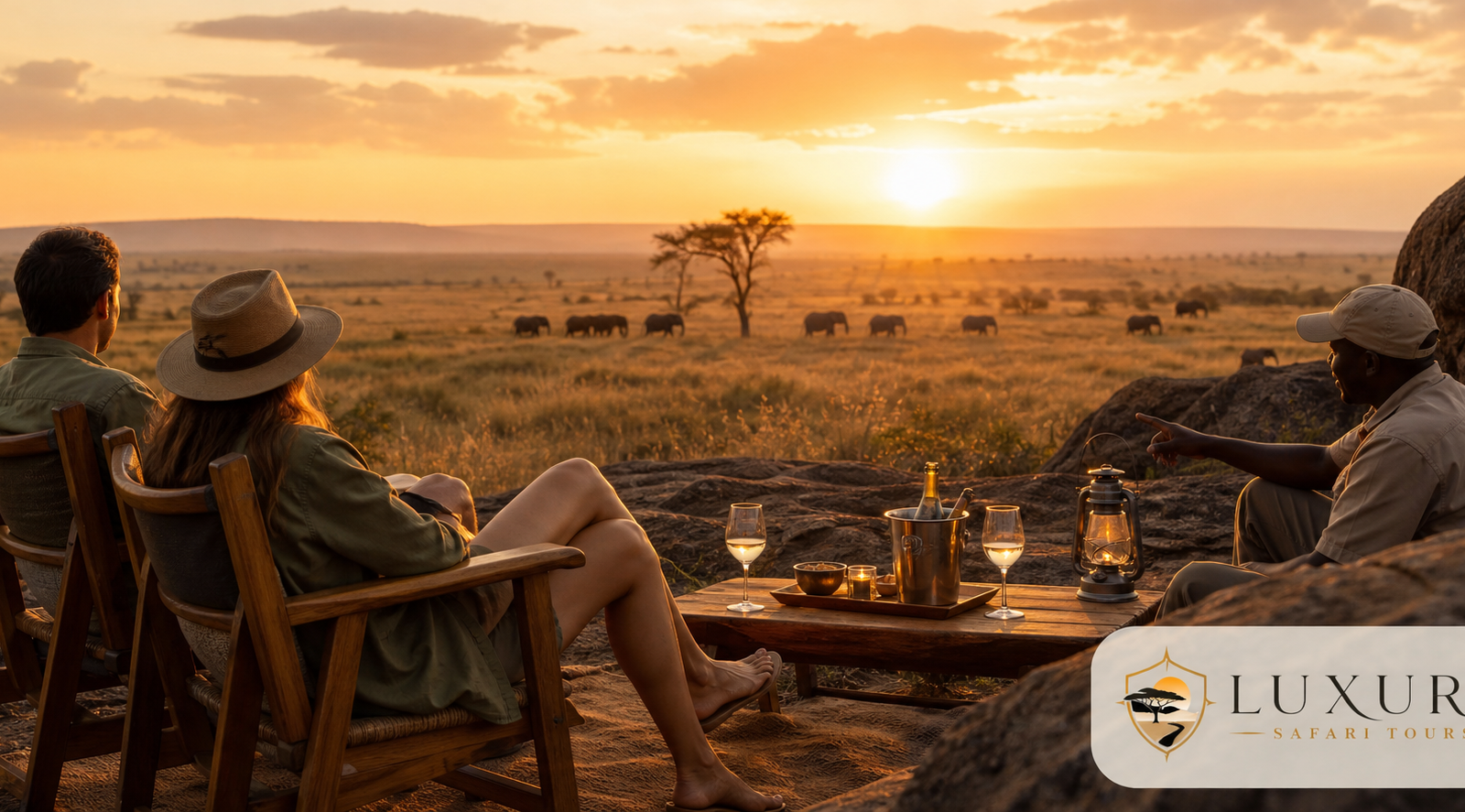 Luxury safari sundowner overlooking the Masai Mara with the Luxury Safari Tours logo