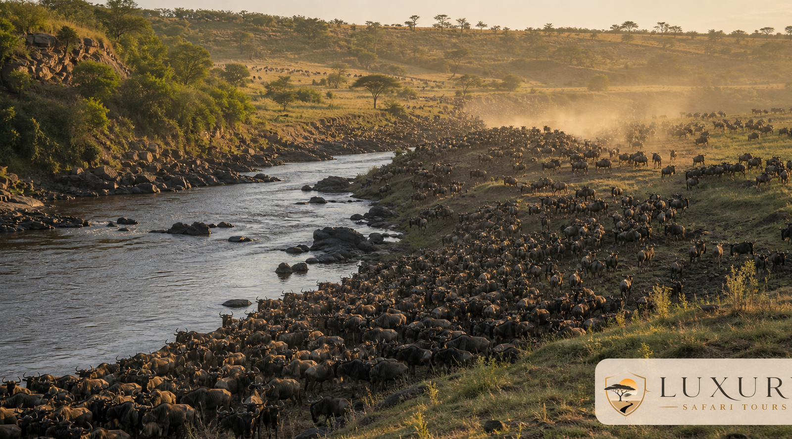 Wildebeest migration beside the Mara River with the Luxury Safari Tours logo