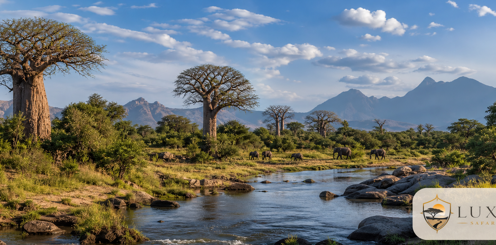 Baobab wilderness in Meru National Park with the Luxury Safari Tours logo