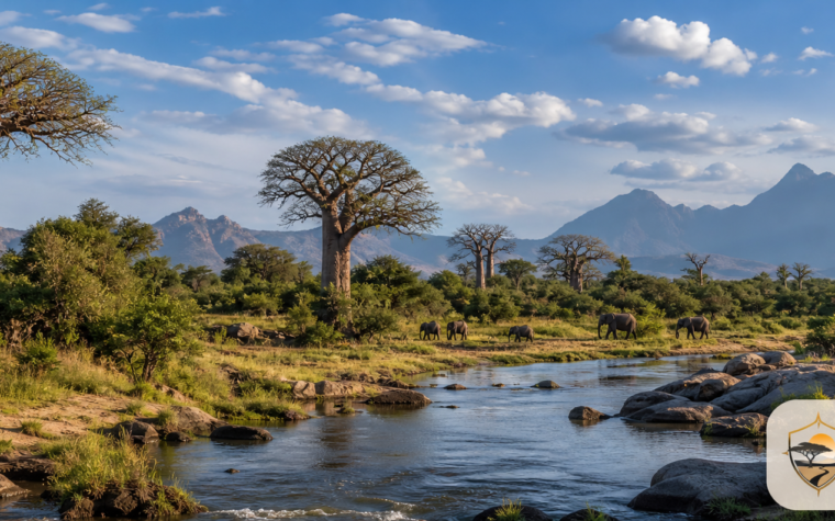 Baobab wilderness in Meru National Park with the Luxury Safari Tours logo