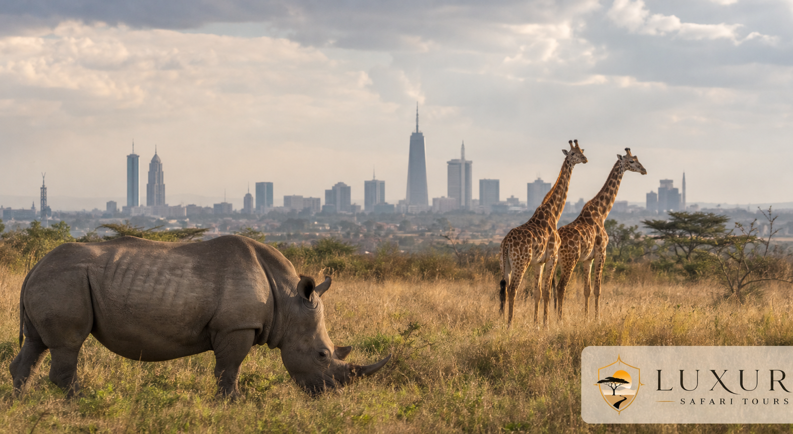 Rhino and giraffes in Nairobi National Park with the Luxury Safari Tours logo