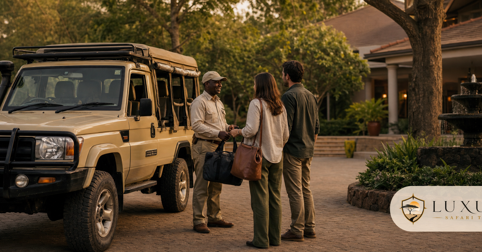 Travelers meeting a Kenya safari driver-guide in Nairobi with the Luxury Safari Tours logo