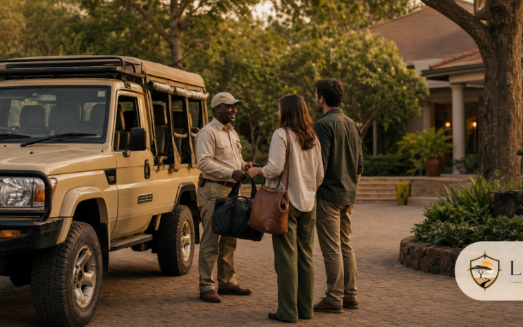 Travelers meeting a Kenya safari driver-guide in Nairobi with the Luxury Safari Tours logo