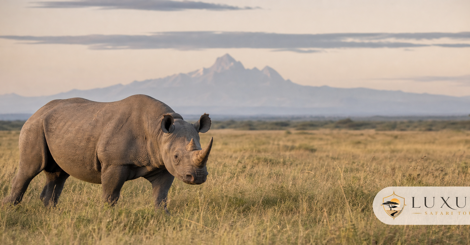 Black rhino in Ol Pejeta with the Luxury Safari Tours logo