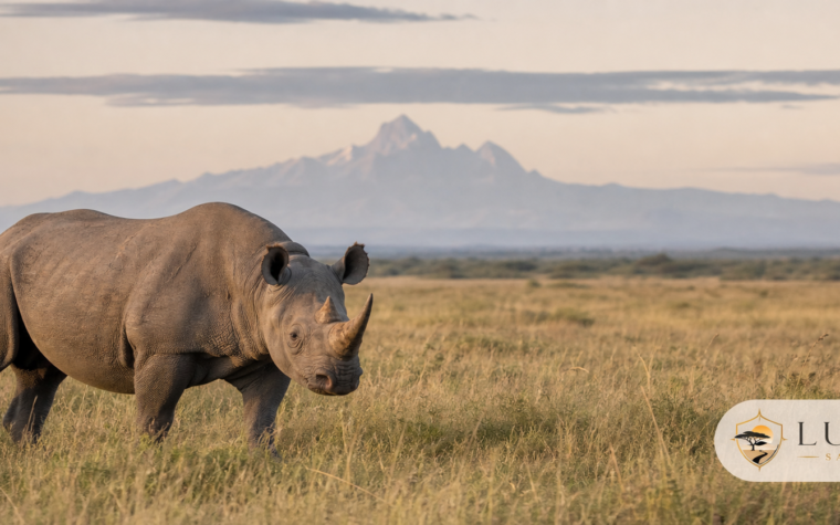 Black rhino in Ol Pejeta with the Luxury Safari Tours logo