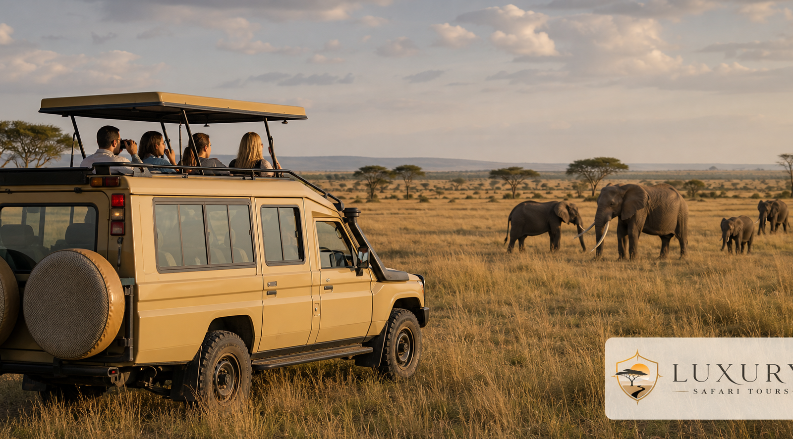 Safari Land Cruiser viewing elephants with the Luxury Safari Tours logo
