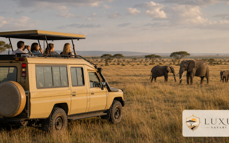 Safari Land Cruiser viewing elephants with the Luxury Safari Tours logo