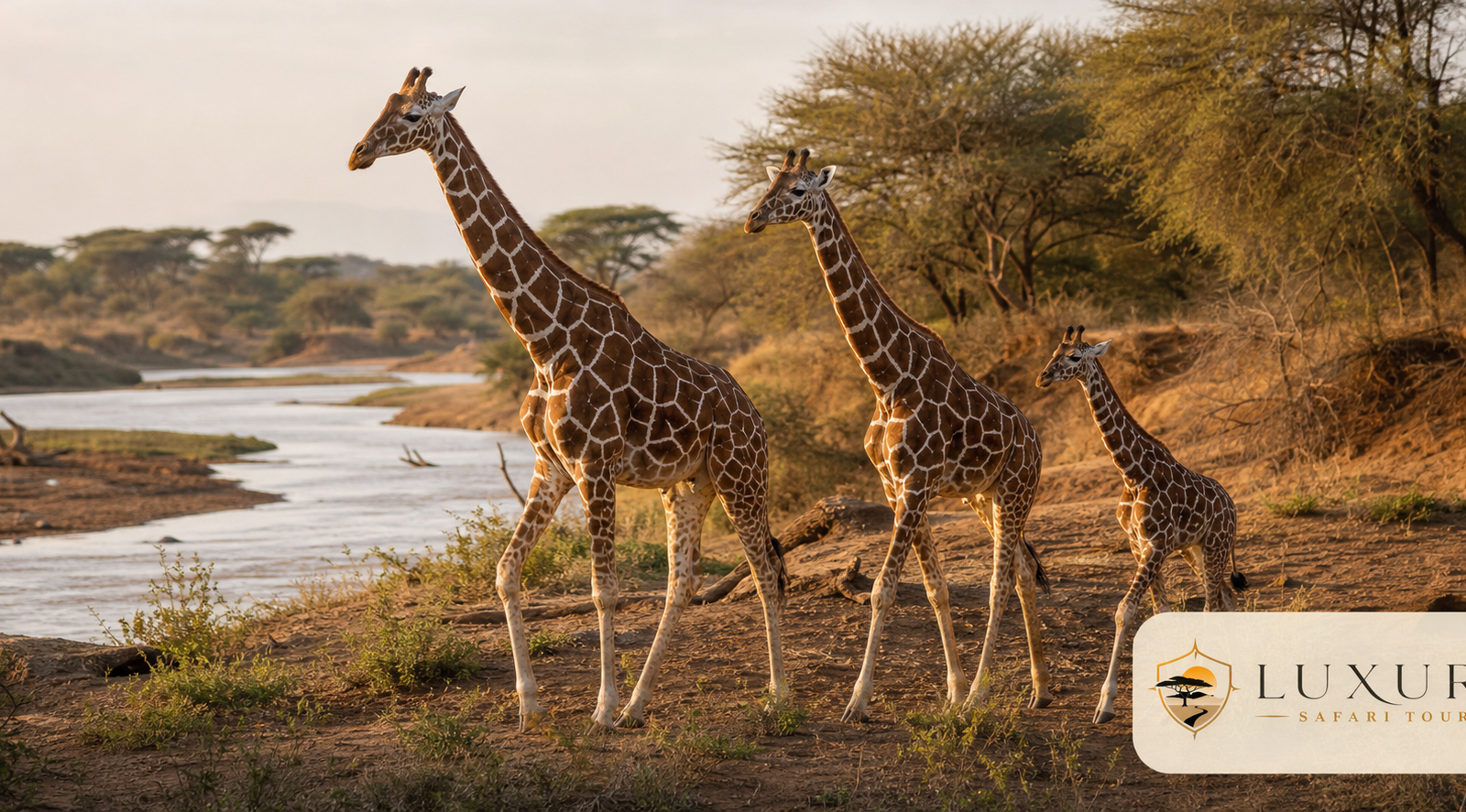 Reticulated giraffes beside the Ewaso Nyiro River with the Luxury Safari Tours logo