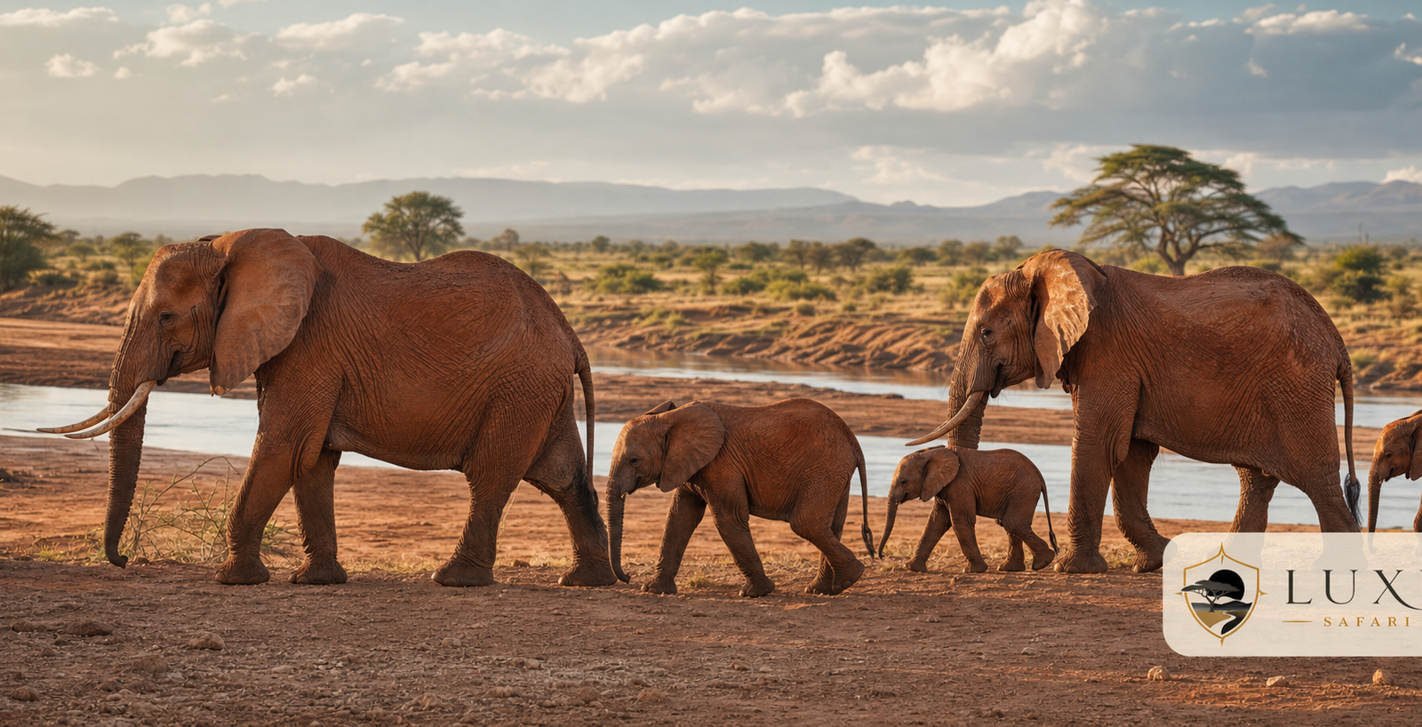 Red elephants in Tsavo with the Luxury Safari Tours logo